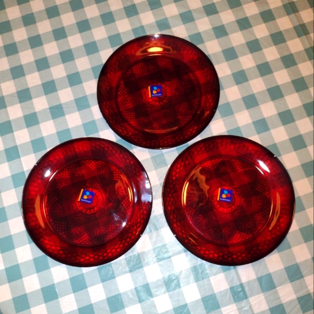 Set 3 New Luminarc Cristal D"Arques Durand Antique Ruby Red Dinner Plates 10.75"